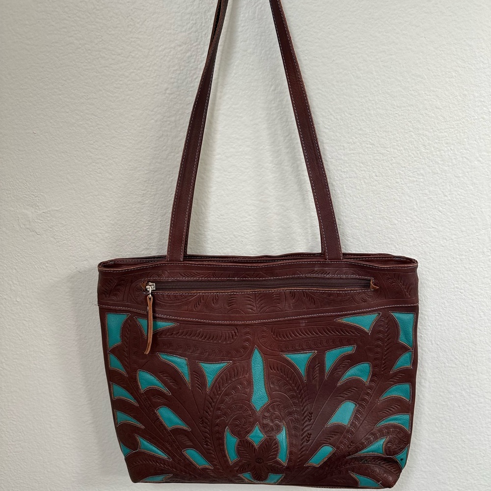 Brown and Teal Structured Tote Bag with Floral Design